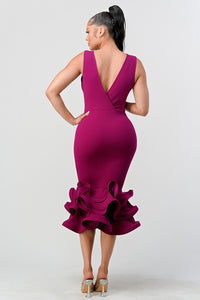 Magenta Plunging 3-tier Ruffle-hem Dress