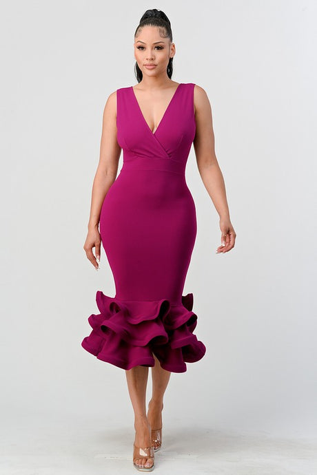 Magenta Plunging 3-tier Ruffle-hem Dress