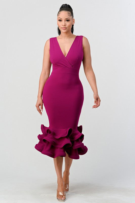 Magenta Plunging 3-tier Ruffle-hem Dress  Aquarius Brand