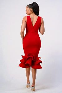 Red Plunging 3-tier Ruffle-hem Dress