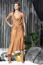 Copper Foil Cowl Neck Dress With Asymmetrical Skirt