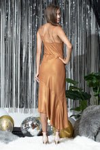 Copper Foil Cowl Neck Dress With Asymmetrical Skirt