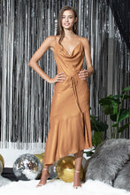 Copper Foil Cowl Neck Dress With Asymmetrical Skirt