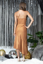 Copper Foil Cowl Neck Dress With Asymmetrical Skirt