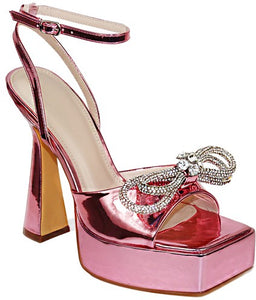Pink Womens Rhinestone Bowtie Platform Sandals