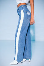 Denim-White Color Block Back Lace-up Detail Straight Jeans