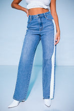 Denim-White Color Block Back Lace-up Detail Straight Jeans