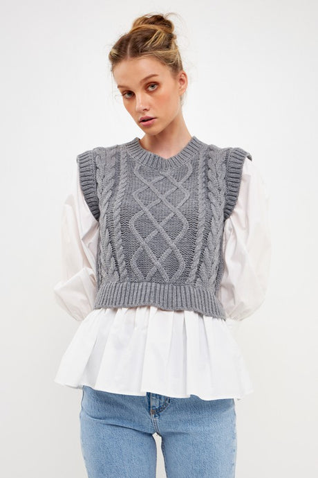 Heather Grey/White Mixed Media Cable Detail Sweater