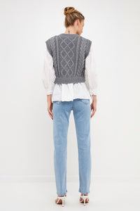 Heather Grey/White Mixed Media Cable Detail Sweater