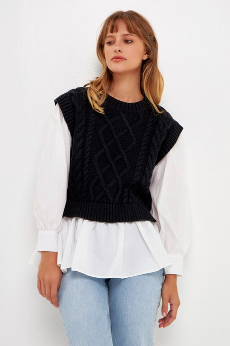 Black /White Mixed Media Cable Detail Sweater