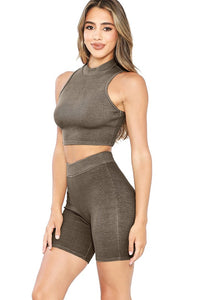 Chocolate Pigment-dyed 2x1mock Neck Sleeveless Cropped Top With Biker Shorts Set