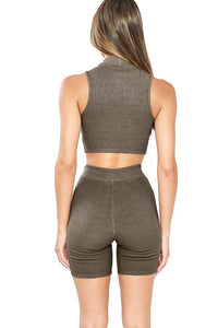 Chocolate Pigment-dyed 2x1mock Neck Sleeveless Cropped Top With Biker Shorts Set
