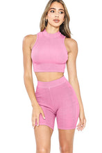 Pink Pigment-dyed 2x1mock Neck Sleeveless Cropped Top With Biker Shorts Set
