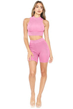Pink Pigment-dyed 2x1mock Neck Sleeveless Cropped Top With Biker Shorts Set