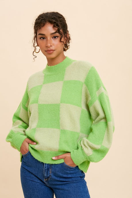 Lime Mock Neck Checker Sweater