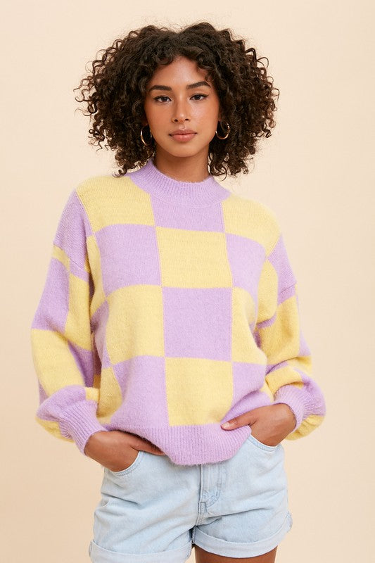 Lavender Mock Neck Checker Sweater