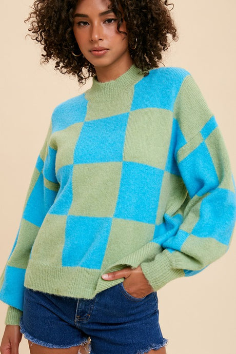 Aqua Mock Neck Checker Sweater