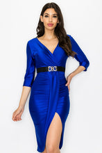 Blue Sleeve Surplice Ruffle Dress With Belt