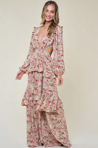 Cream Ladies Long Sleeve Ruffle Detail Maxi Dress