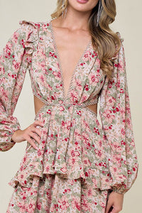 Cream Ladies Long Sleeve Ruffle Detail Maxi Dress