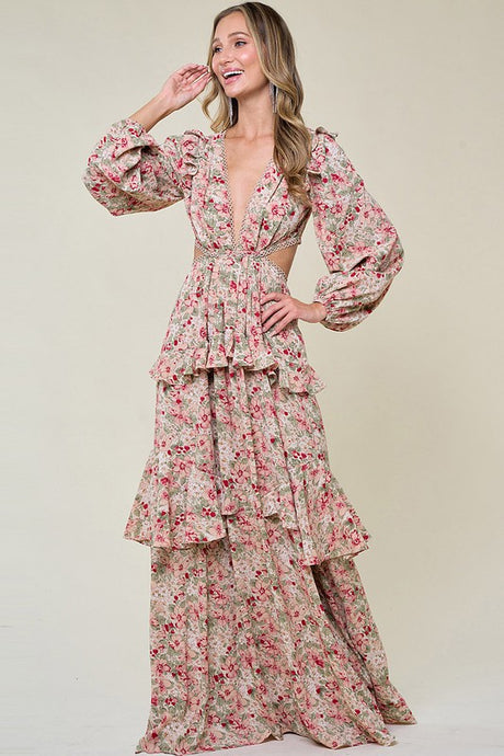 Cream Ladies Long Sleeve Ruffle Detail Maxi Dress