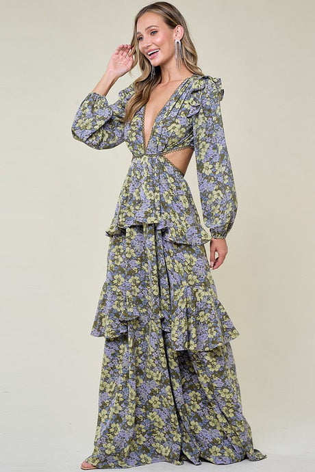 Olive Ladies Long Sleeve Ruffle Detail Maxi Dress