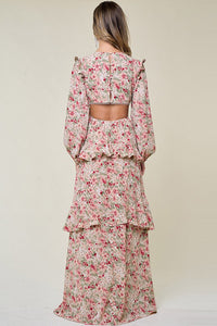 Cream Ladies Long Sleeve Ruffle Detail Maxi Dress