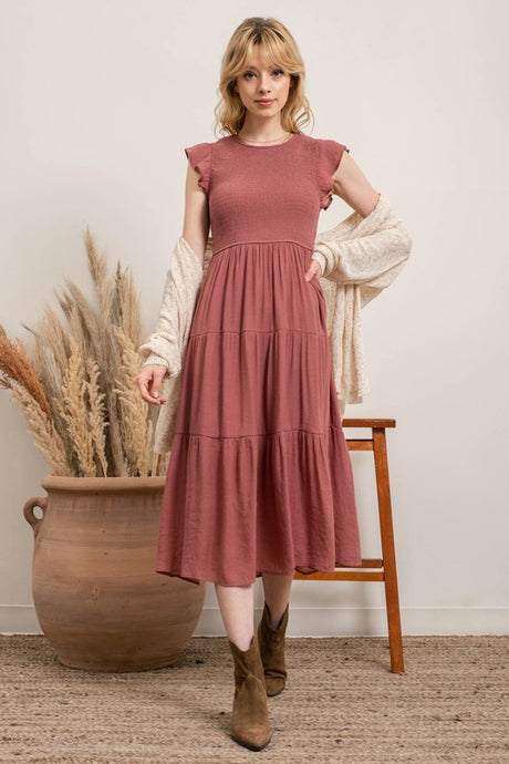 Dusty Mauve Tiered Midi Dress