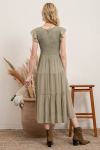 Light Olive Tiered Midi Dress