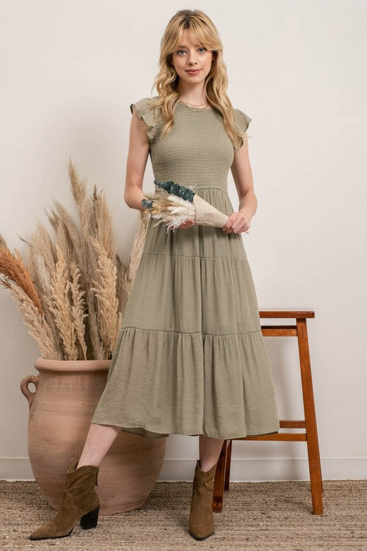 Light Olive Tiered Midi Dress