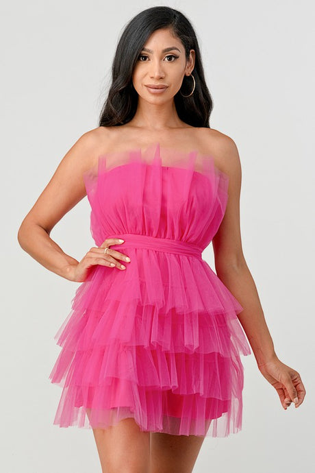 Hot Pink Tulle Ruffled Mini Dress