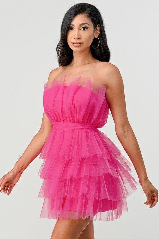 hot pink tulle mini dress Strapless Hot Pink Tulle Short Prom Dress, Hot Pink Tulle Homecoming Dress, Hot Pink Formal Graduation Evening Dress A1971