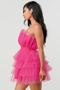 Hot Pink Tulle Ruffled Mini Dress