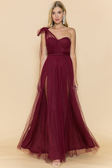Red One Shoulder Tulle Tied Double Slits Details Maxi Dress