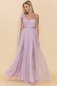 Mauve One Shoulder Tulle Tied Double Slits Details Maxi Dress
