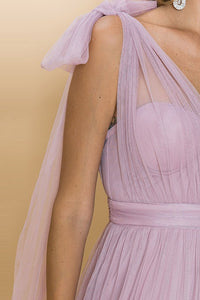 Mauve One Shoulder Tulle Tied Double Slits Details Maxi Dress