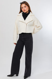 Off White Short Teddy Zipper Moto Jacket