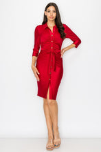 Red Stretch Satin Collar Button Down Dress