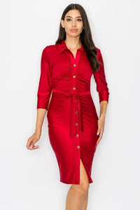 Red Stretch Satin Collar Button Down Dress