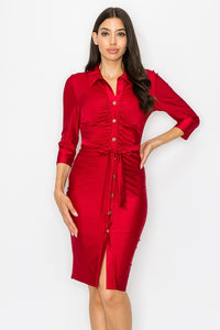 Red Stretch Satin Collar Button Down Dress