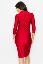 Red Stretch Satin Collar Button Down Dress