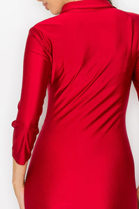 Red Stretch Satin Collar Button Down Dress