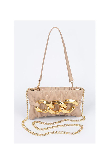 Beige Quilted Big Chain Crossbody Bag
