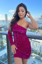 Fuchsia Rita One Sleeve Mini Dress
