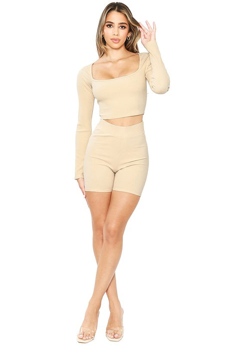 Cream Square Neck Raglan Long Sleeve Cropped Top And Biker Short Snatched Set