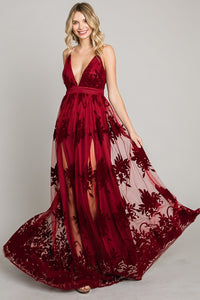 Red Velvet Print Maxi Dress