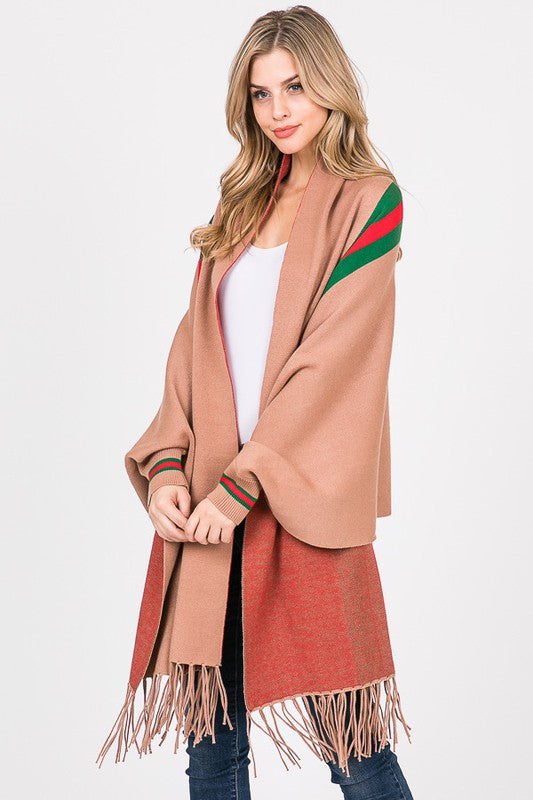Taupe Wool-blend Sleeved Red And Green Shawl