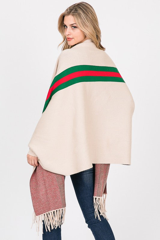 Ivory Wool-blend Sleeved Red And Green Shawl
