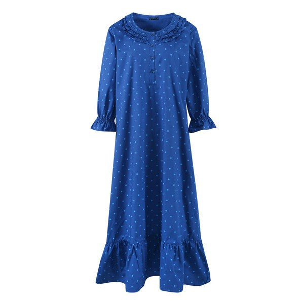 （Dots Dark Blue)Women's Cotton Poplin Mid-Calf Gown