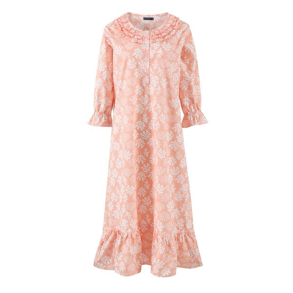 (Corals Peach-White)Women's Cotton Poplin Mid-Calf Gown